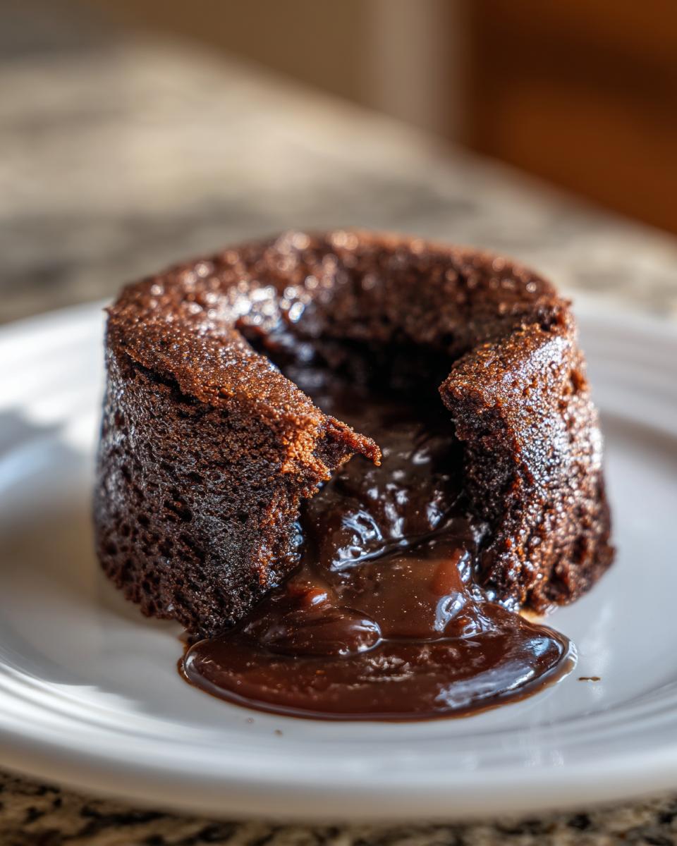 Close-up of a warm chocolate lava cake with the molten center oozing out onto a white plate.