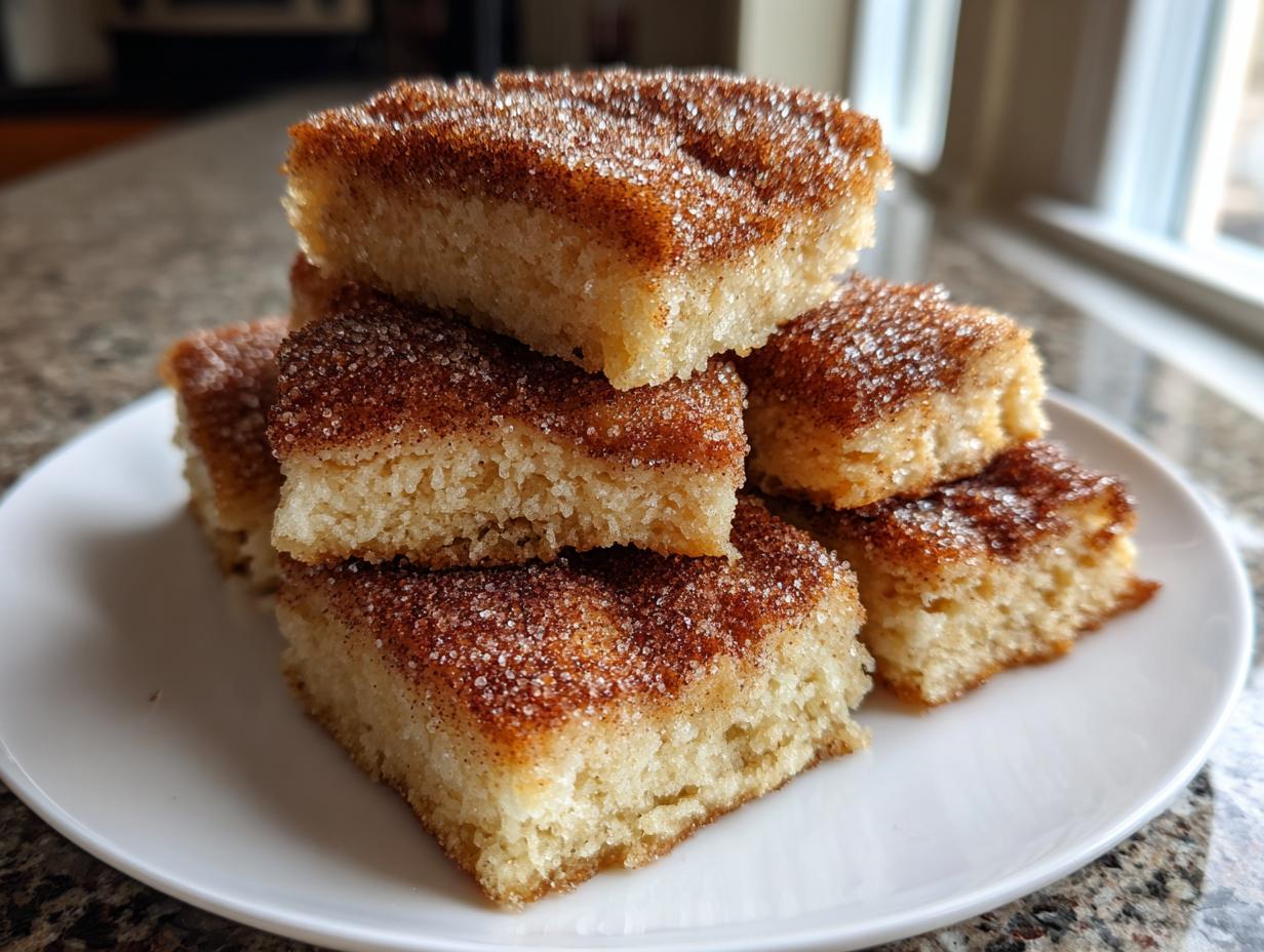 A stack of square, fluffy churros bars coated generously with cinnamon sugar, served on a white plate.