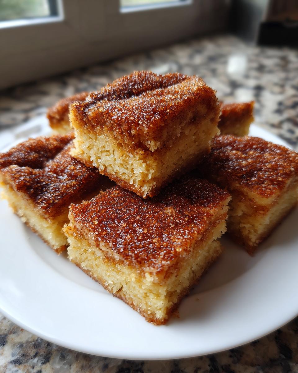 A stack of square-cut churros bars topped generously with sparkling cinnamon sugar mixture.