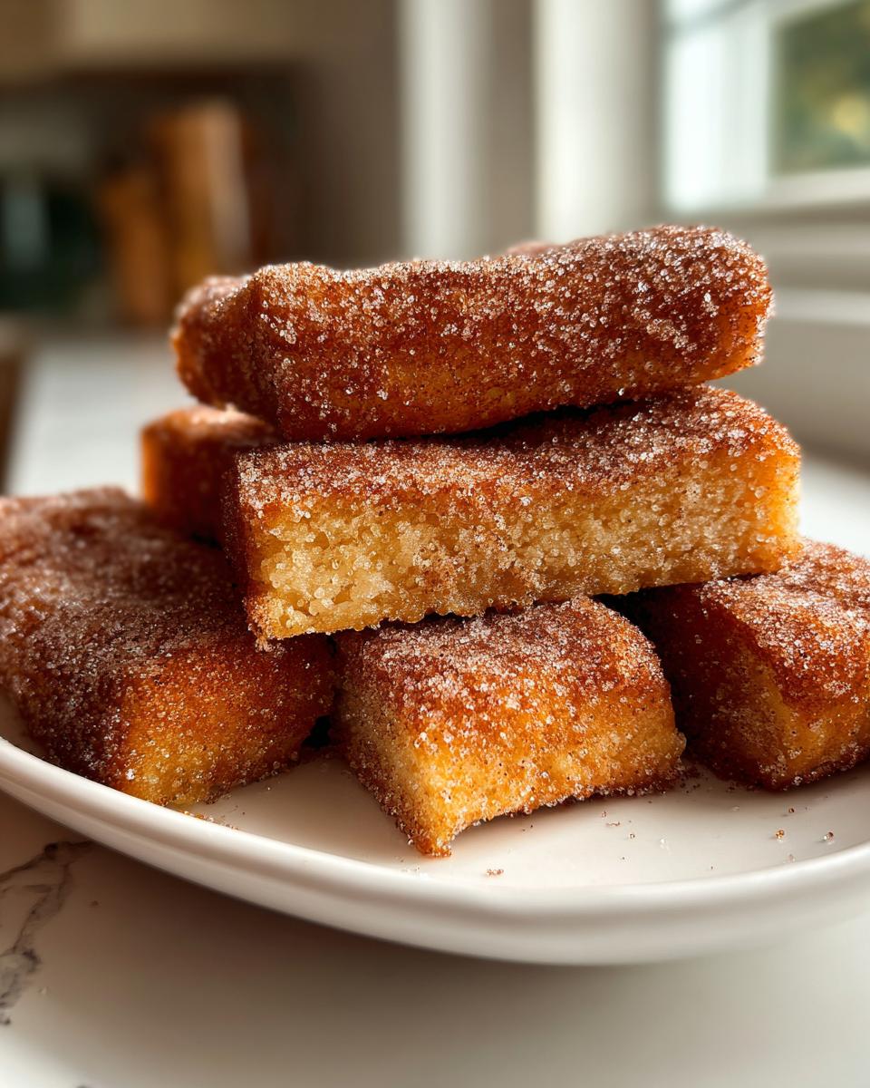 Close-up of several golden brown churros bars generously coated in cinnamon sugar, stacked on a white plate.