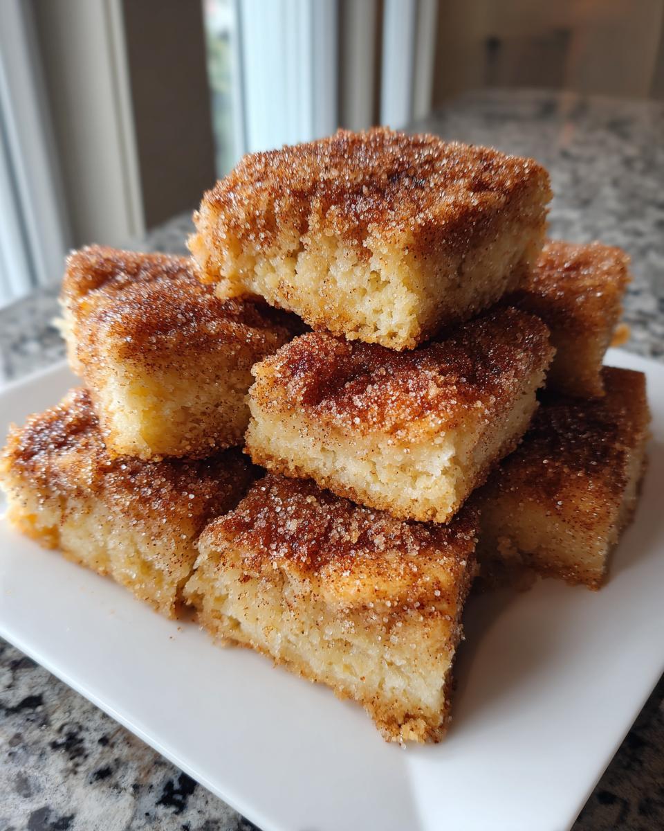 A stack of square, fluffy churros bars coated generously in cinnamon sugar, resting on a white plate.