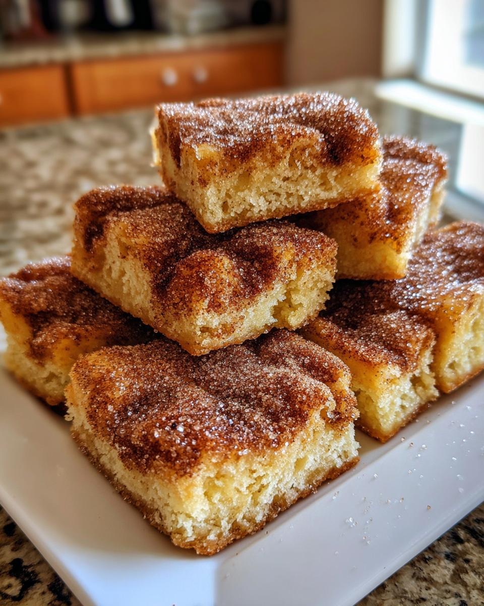 A stack of square, fluffy churros bars generously coated in cinnamon sugar, served on a white rectangular plate.