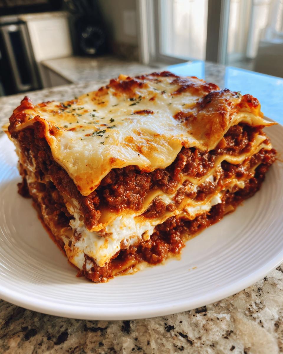A perfect square slice of classic homemade lasagna showing layers of pasta, rich meat sauce, and melted cheese topping.