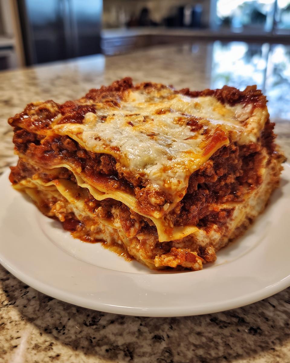 A generous square slice of classic homemade lasagna featuring layers of pasta, rich meat sauce, and melted mozzarella cheese.