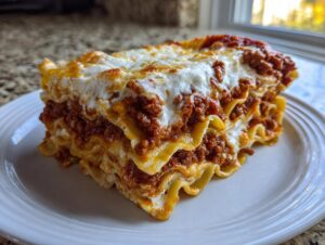 A thick, layered slice of classic homemade lasagna featuring rich meat sauce and melted cheese topping on a white plate.