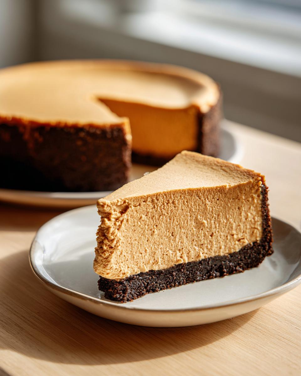 A thick slice of creamy coffee cheesecake with a dark chocolate crust served on a small plate.