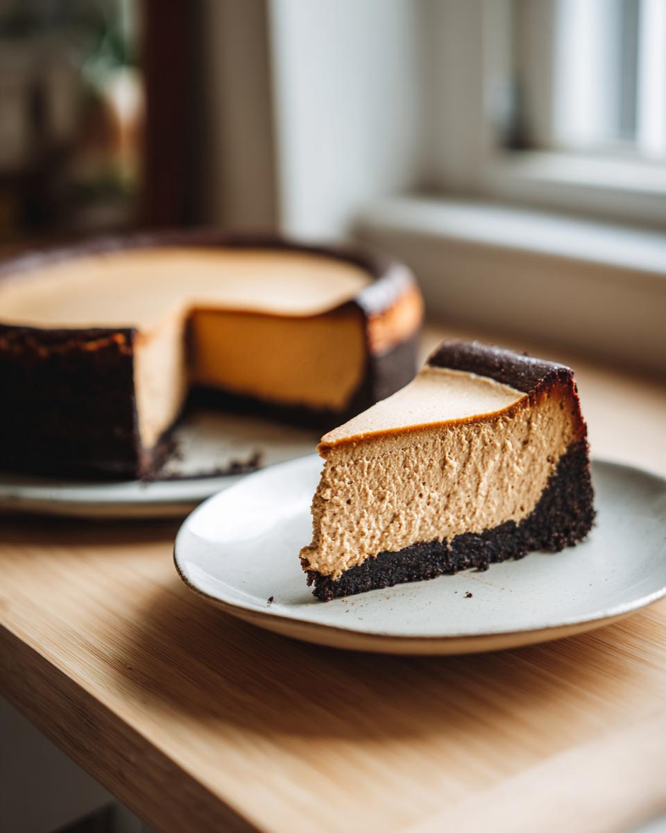 A close-up of a slice of rich, light brown coffee cheesecake on a white plate, with the rest of the coffee cheesecake blurred in the background.