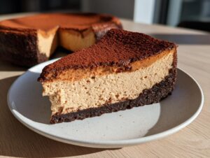 A close-up slice of coffee cheesecake with a dark chocolate crust and cocoa powder topping, with the rest of the coffee cheesecake in the background.