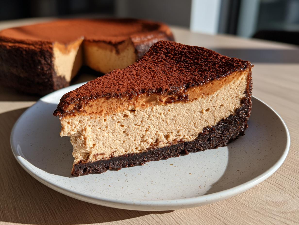 A close-up slice of coffee cheesecake with a dark chocolate crust and cocoa powder topping, with the rest of the coffee cheesecake in the background.