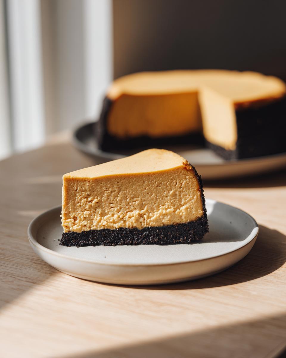 A perfect slice of coffee cheesecake with a thick, dark chocolate crust resting on a small plate.