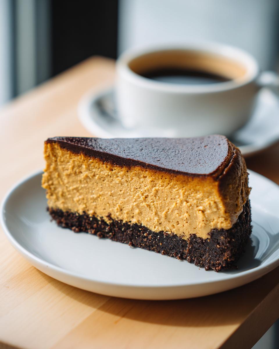 A rich slice of coffee cheesecake with a dark crust sits on a white plate, with a cup of black coffee blurred in the background.