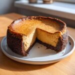 A whole coffee cheesecake with a dark chocolate crust, featuring a slice cut out, sitting on a white plate.