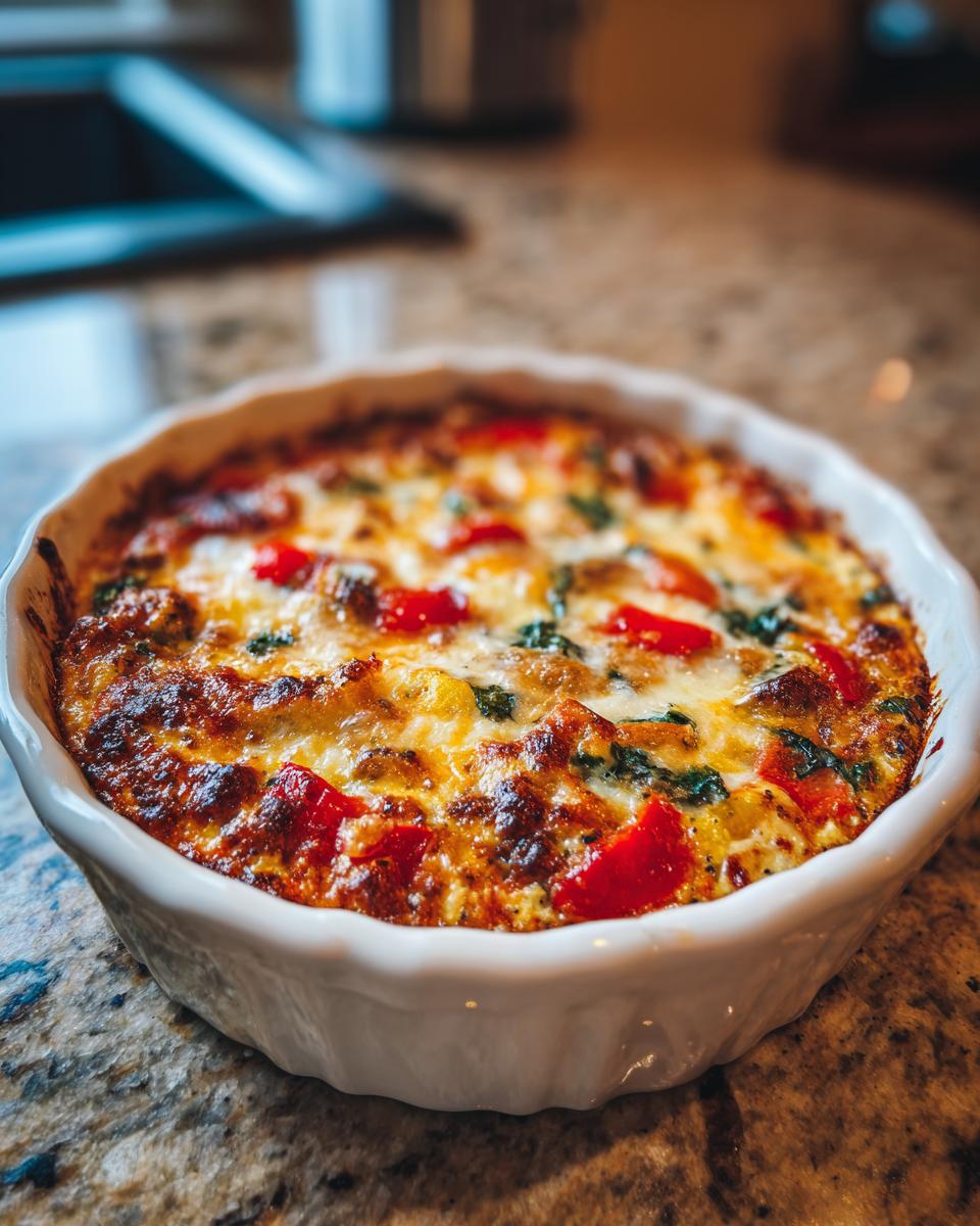 A close-up of a freshly baked cottage cheese pizza bowl topped with melted cheese, red peppers, and spinach in a white ceramic dish.