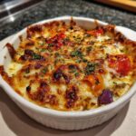 Close-up of a baked cottage cheese pizza bowl with bubbly, browned cheese and visible vegetables.