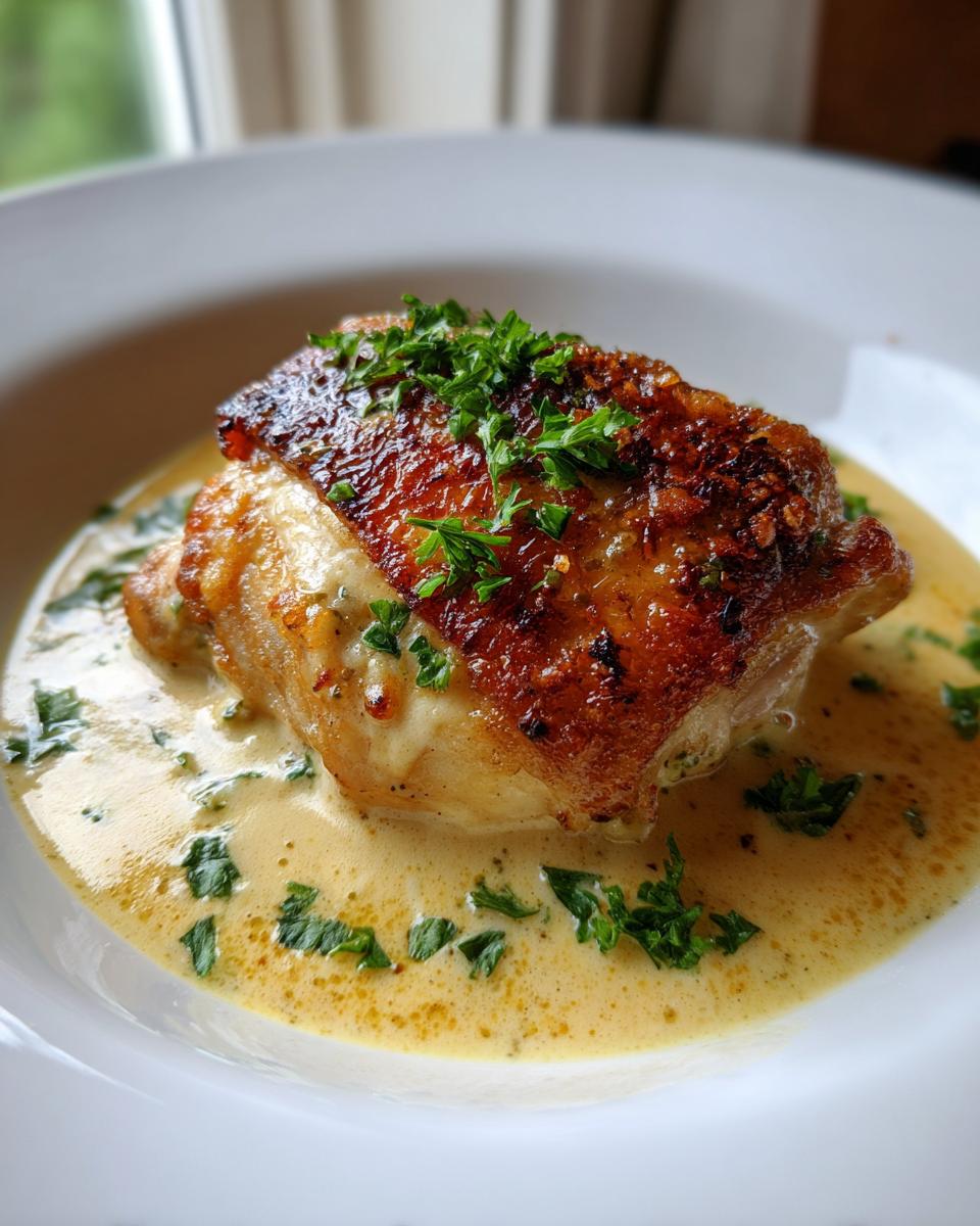 A close-up of a single creamy baked dijon chicken thigh with crispy, browned skin, resting in a pool of creamy sauce and topped with fresh parsley.