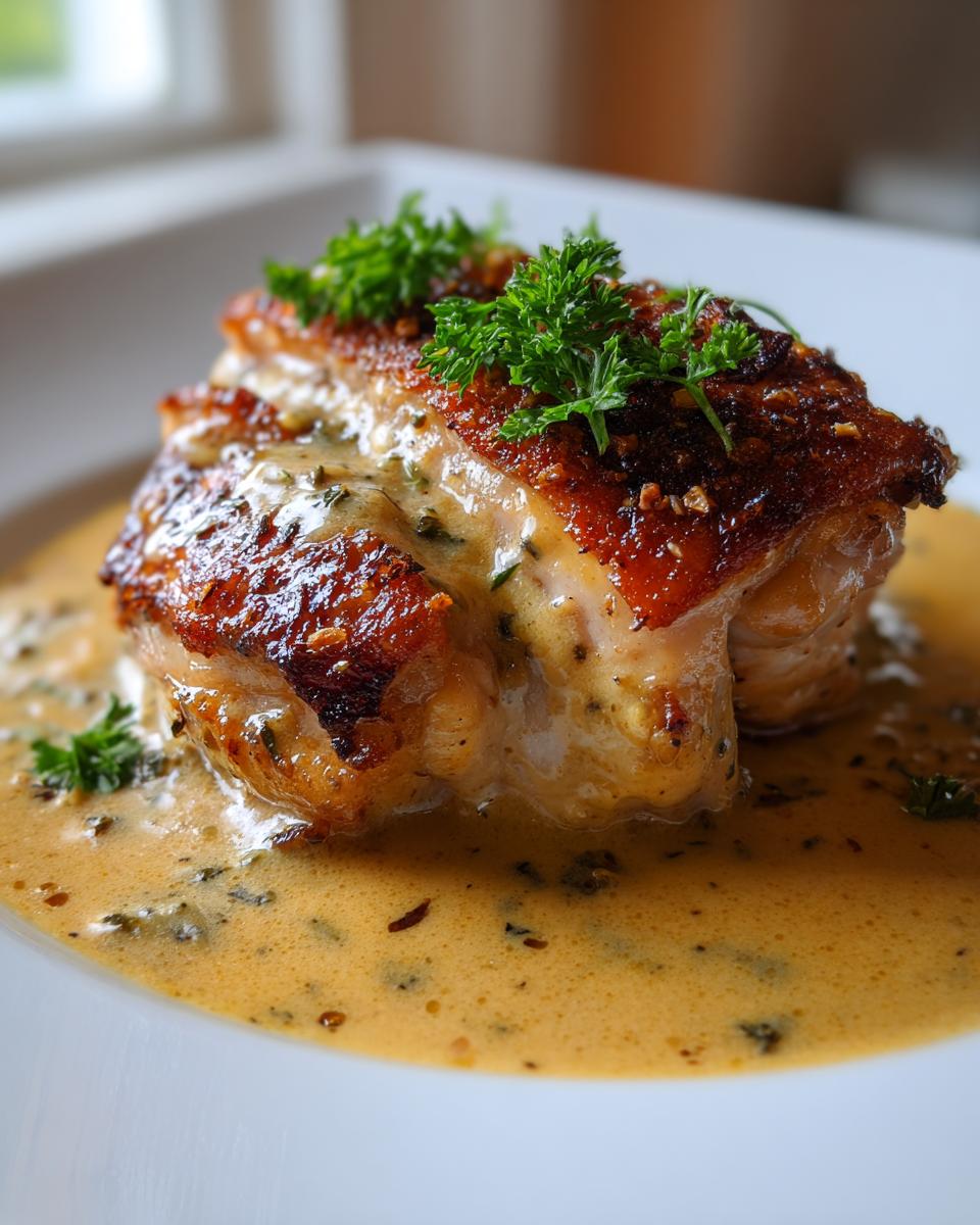Close-up of a perfectly cooked creamy baked dijon chicken thighs piece with crispy skin, resting in a rich sauce.