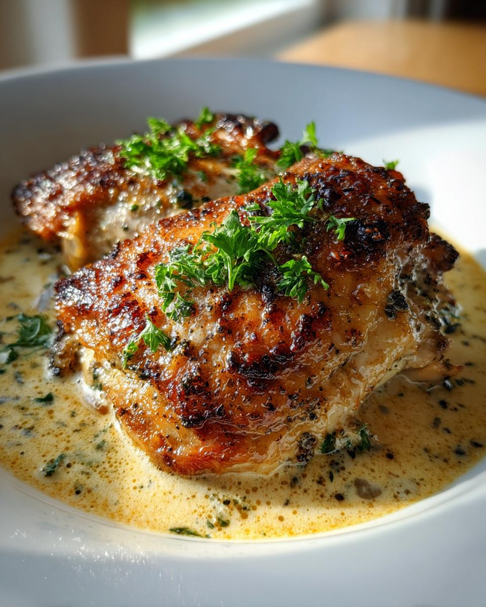 Two golden, crispy skin creamy baked dijon chicken thighs served in a rich, speckled cream sauce and garnished with fresh parsley.