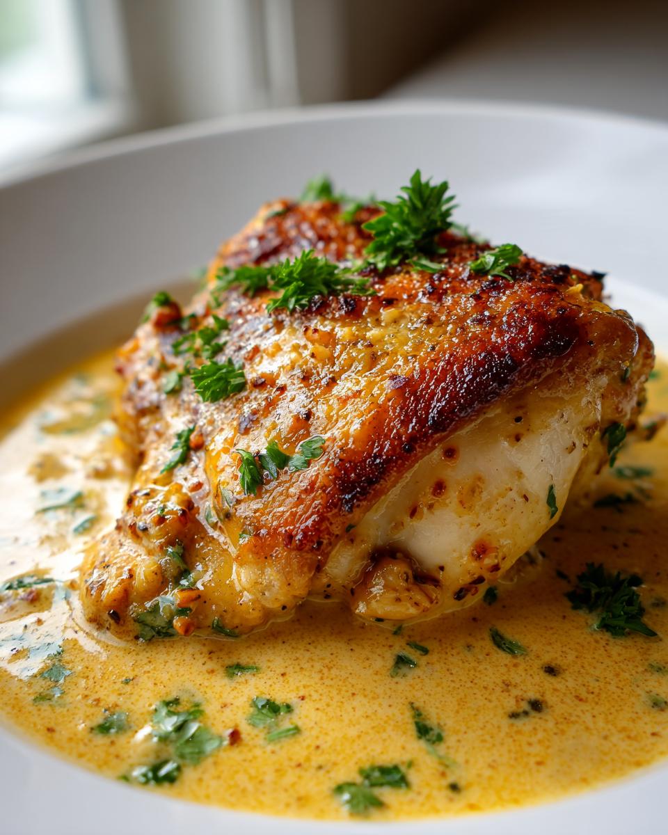 A close-up of a perfectly browned creamy baked dijon chicken thighs piece sitting in rich, yellow sauce and garnished with fresh parsley.