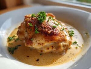 A single, perfectly seared creamy baked dijon chicken thighs served in a shallow white bowl with rich, creamy sauce and fresh parsley garnish.