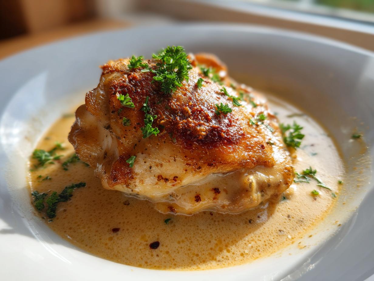 A single, perfectly seared creamy baked dijon chicken thighs served in a shallow white bowl with rich, creamy sauce and fresh parsley garnish.