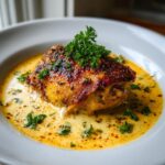 A single serving of creamy baked dijon chicken thighs with perfectly browned, crispy skin, swimming in a rich sauce and topped with fresh parsley.