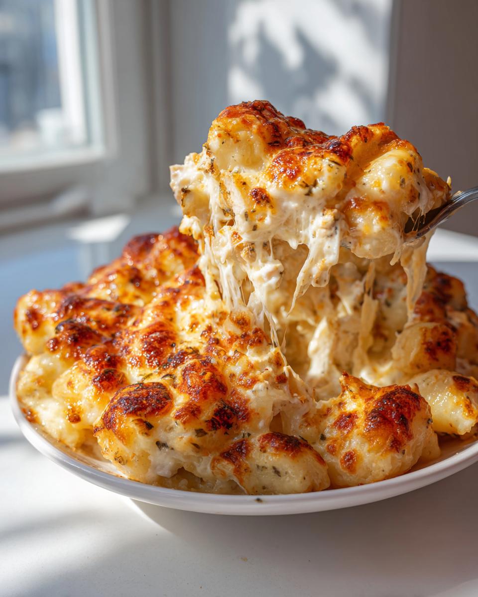 A spoonful of creamy chicken gnocchi bake showing extreme cheese pull and a golden-brown crust.