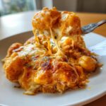 A fork lifts a cheesy portion of creamy chicken gnocchi bake, showing long cheese pulls over the baked dish.