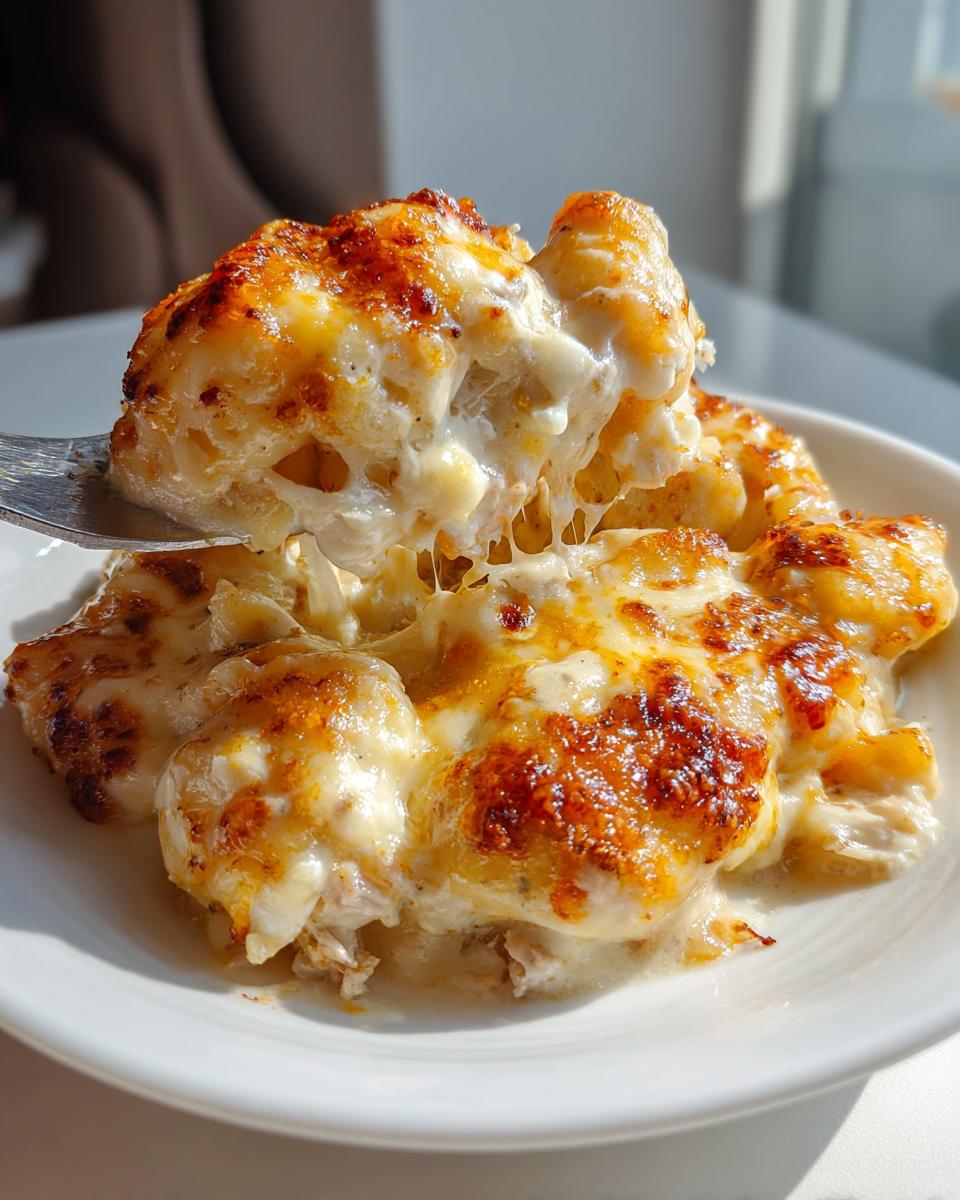 A fork lifting a portion of creamy chicken gnocchi bake, showing melted, browned cheese stretching between the fork and the dish.