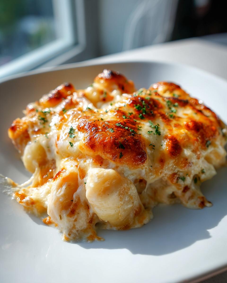 A close-up of a serving of creamy chicken gnocchi bake, featuring plump gnocchi covered in bubbling, browned cheese and sprinkled with parsley.