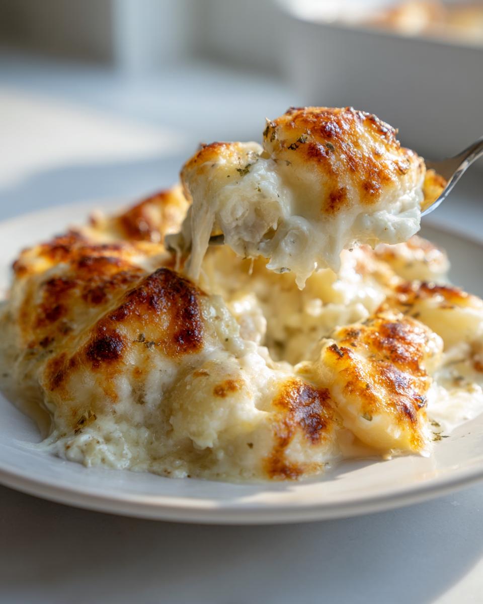 A fork lifting a cheesy, browned portion of creamy chicken gnocchi bake from a white plate.