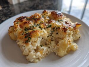 A close-up serving of creamy chicken gnocchi bake with a golden, bubbly, cheesy top sprinkled with parsley.