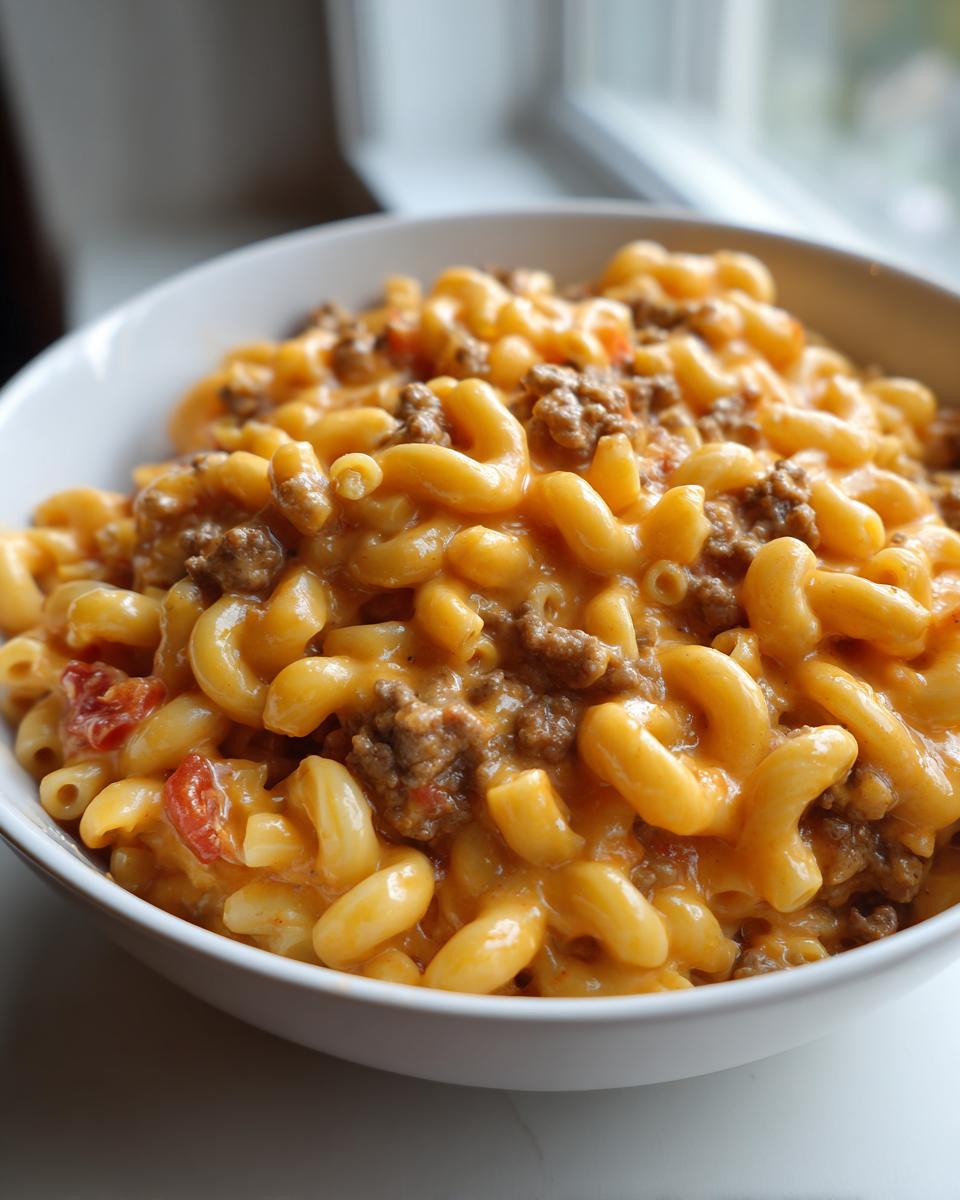 A close-up of a white bowl filled with creamy, cheesy homemade hamburger helper mixed with browned ground beef.