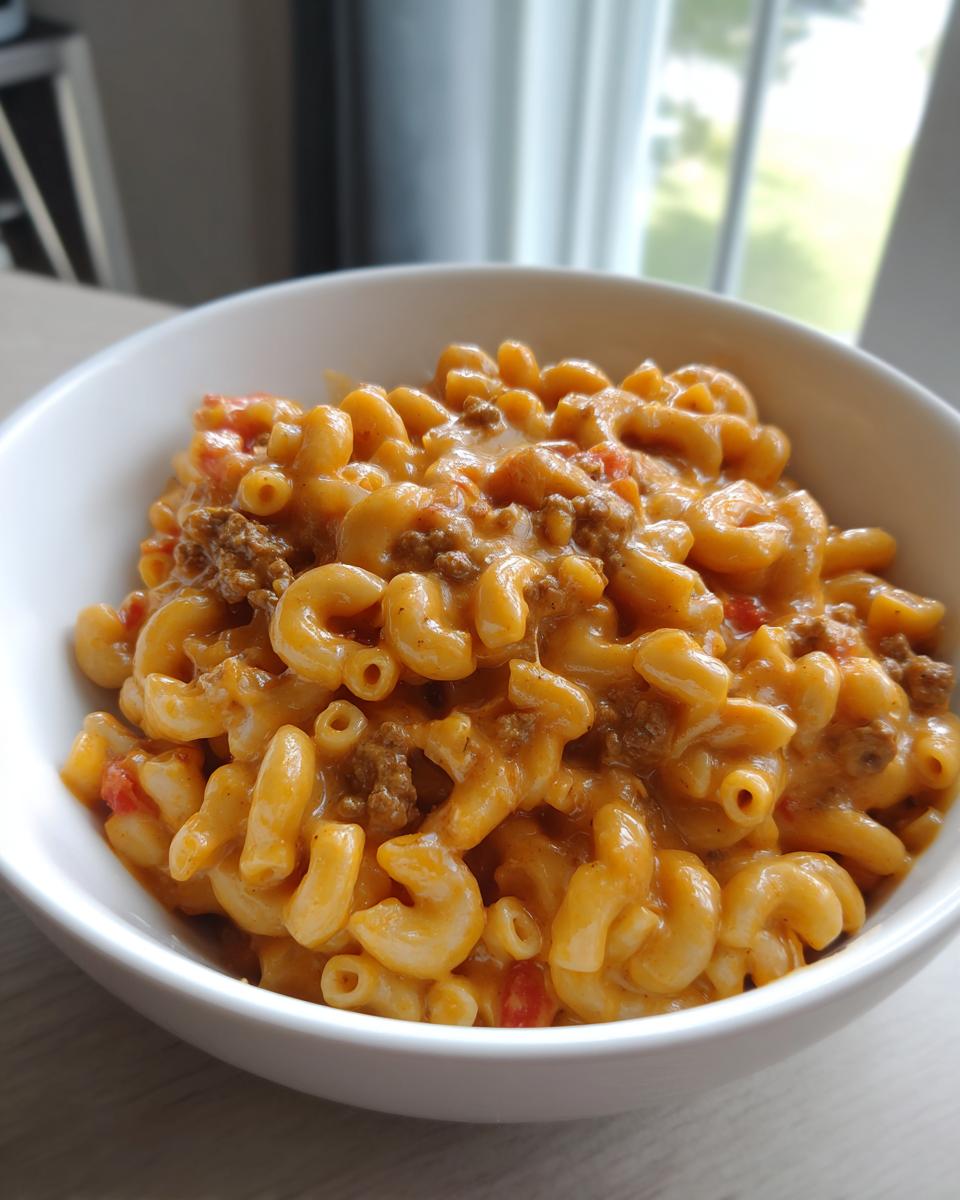 Close-up of a white bowl filled with creamy, cheesy homemade hamburger helper mixed with ground beef and small red pieces.