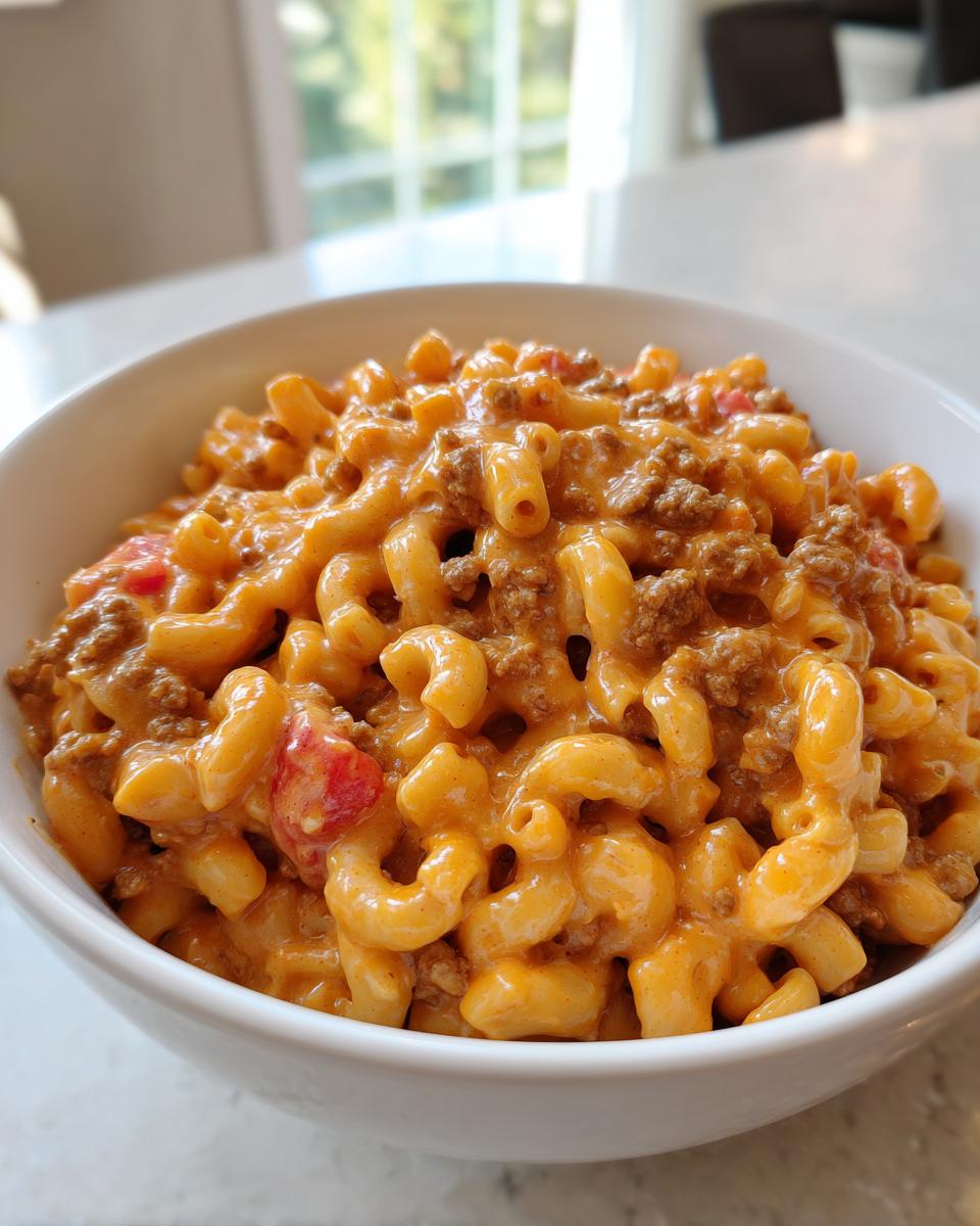 Close-up of a white bowl filled with creamy homemade hamburger helper, featuring elbow macaroni and ground beef in a rich cheese sauce.