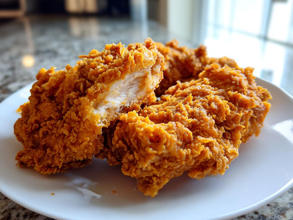 Close-up of golden brown, extra crispy buttermilk fried chicken pieces on a white plate, one piece is broken open showing the white meat.