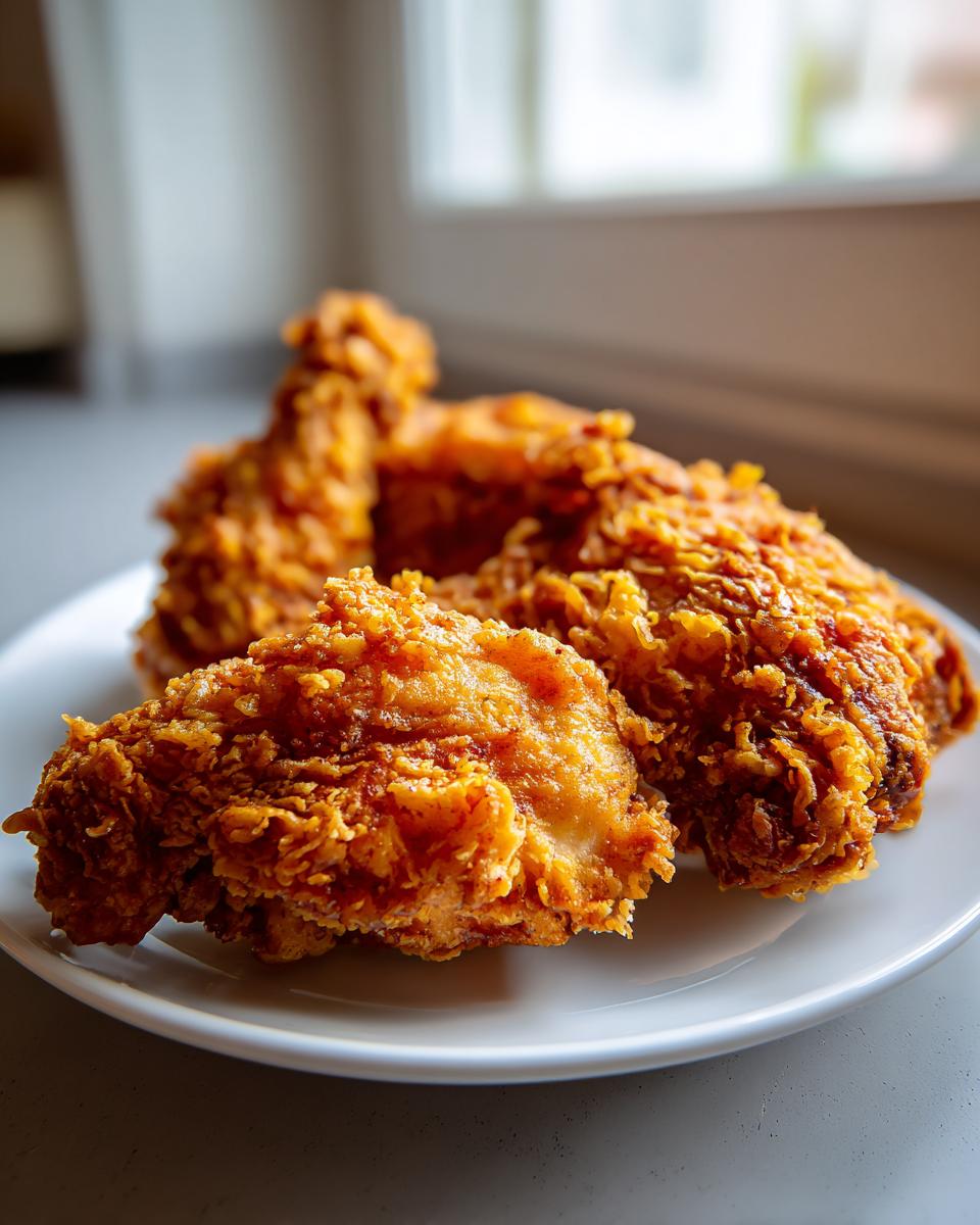 Close-up of three pieces of golden brown, extra crispy buttermilk fried chicken resting on a white plate.