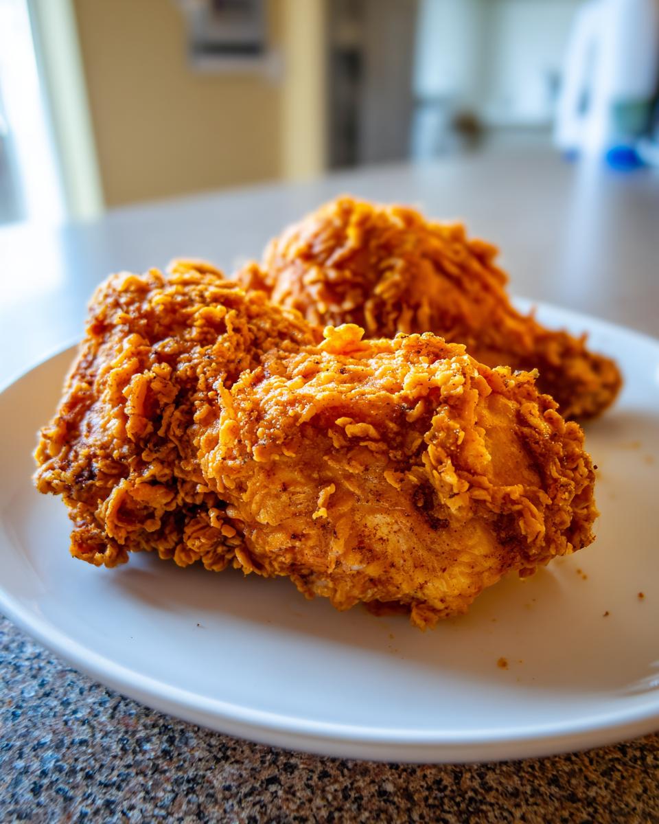Two pieces of golden brown, extra crispy buttermilk fried chicken resting on a white plate.