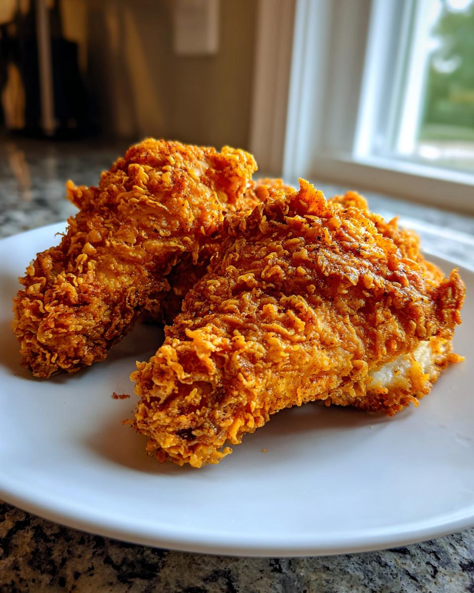 Two pieces of golden brown, extra crispy buttermilk fried chicken resting on a white plate.
