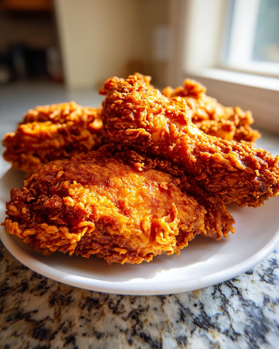 Close-up of several pieces of golden brown, crispy buttermilk fried chicken stacked on a white plate.