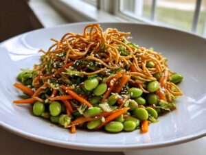 A vibrant serving of asian edamame salad topped with crispy chow mein noodles and sesame seeds.