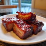 Close-up of four glistening, thick-cut pieces of homemade chinese bbq pork with a rich red-brown glaze.