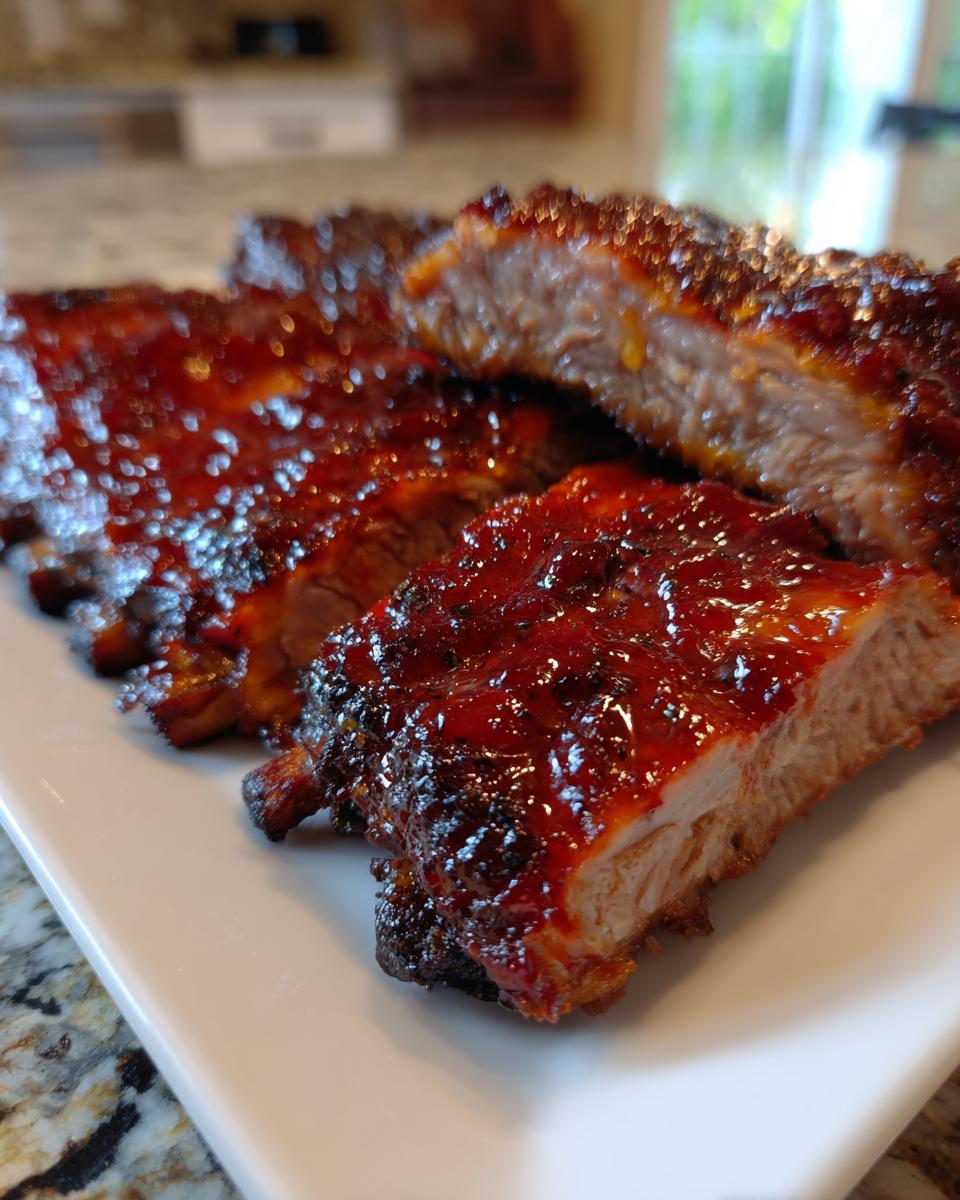 Close-up of tender, glazed slices of chinese bbq pork ribs showing the moist interior and sticky red sauce.