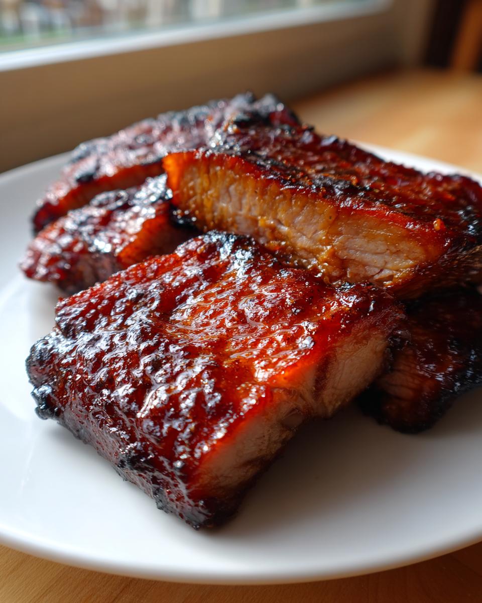 Close-up of thick, juicy slices of chinese bbq pork with a shiny, caramelized red glaze resting on a white plate.