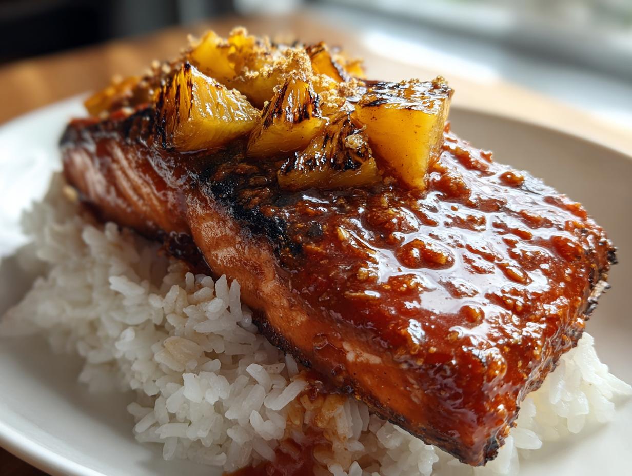 Close-up of a glazed pineapple salmon fillet served over a bed of fluffy white rice.