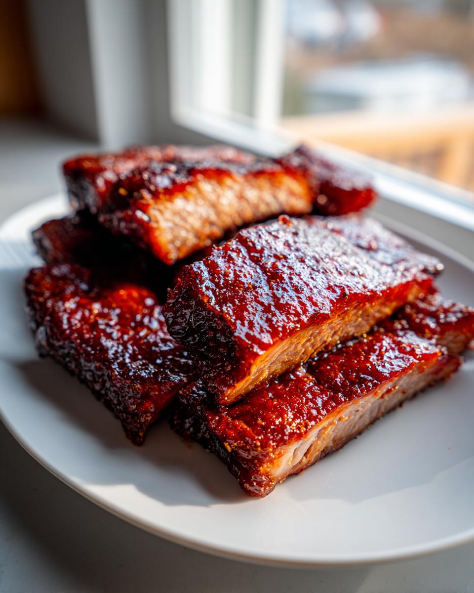 Close-up of several thick, glazed slices of chinese bbq pork stacked on a white plate near a bright window.