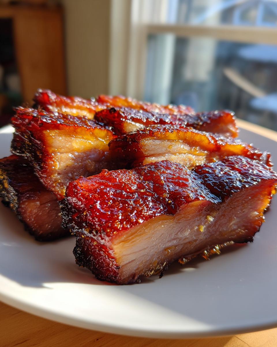 Close-up of thick, glossy slices of chinese bbq pork stacked on a white plate, showing caramelized edges.