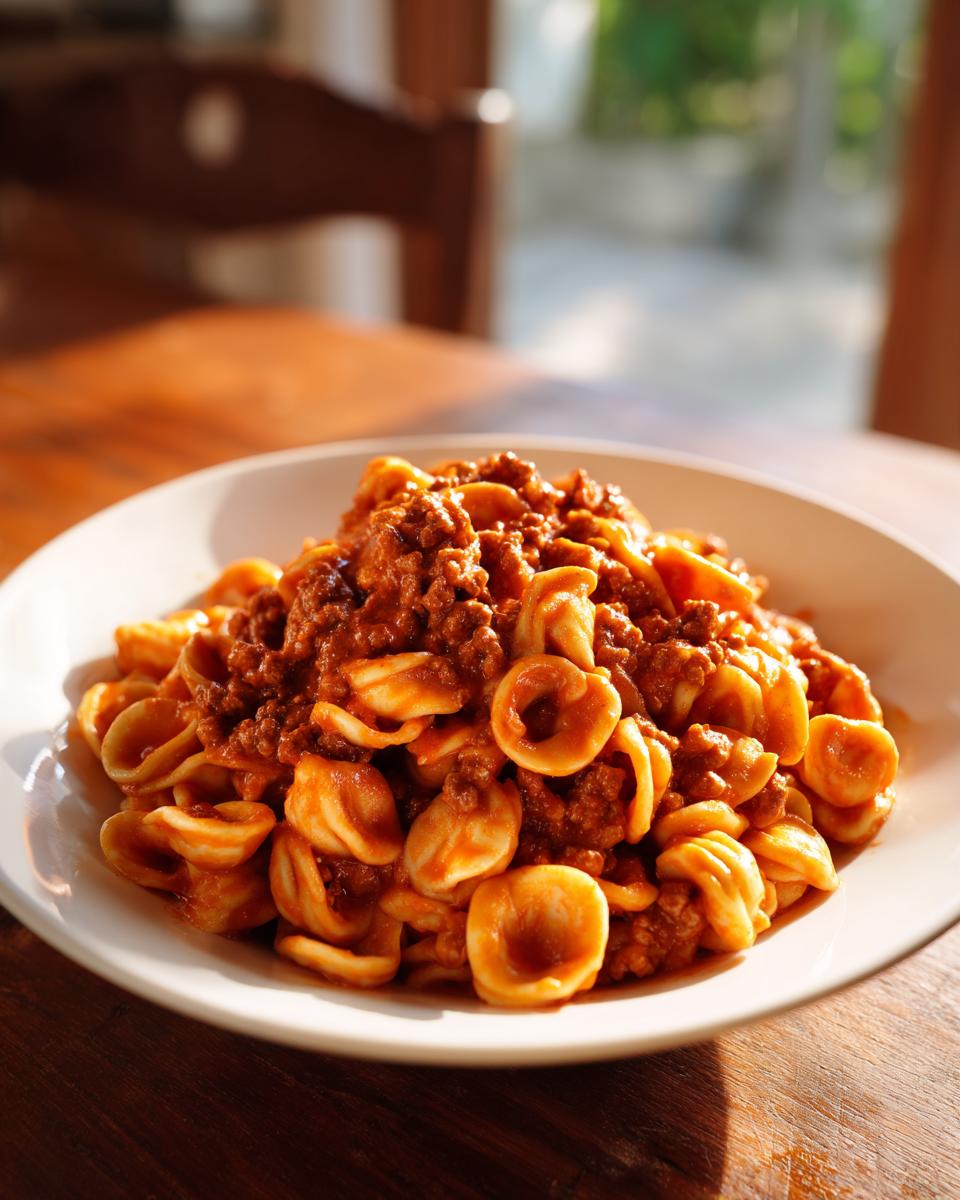 A white bowl filled with rich ground beef orecchiette pasta, served on a wooden table.