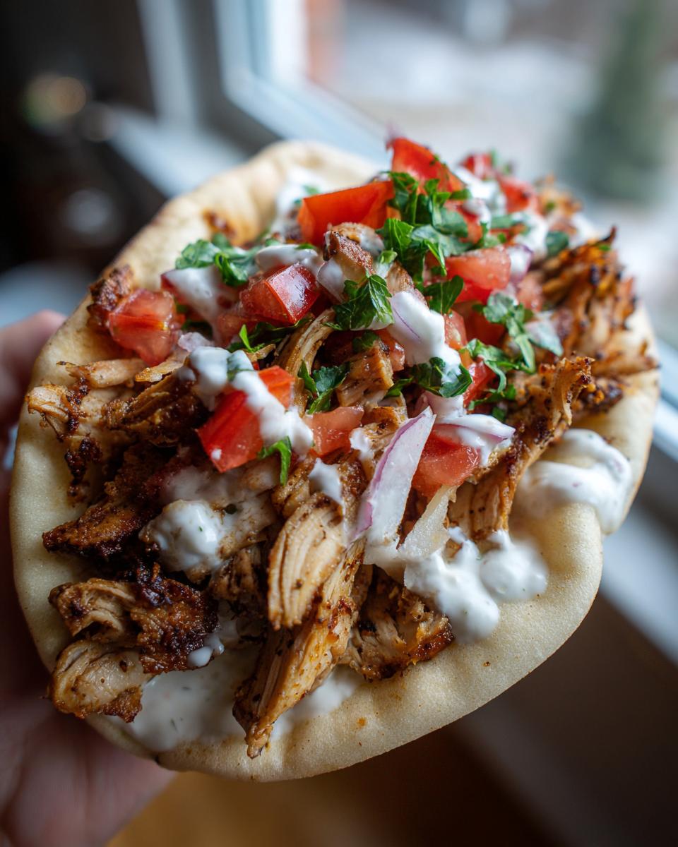 A close-up of a delicious chicken shawarma served open-faced on pita bread, topped with sauce, tomatoes, and herbs.