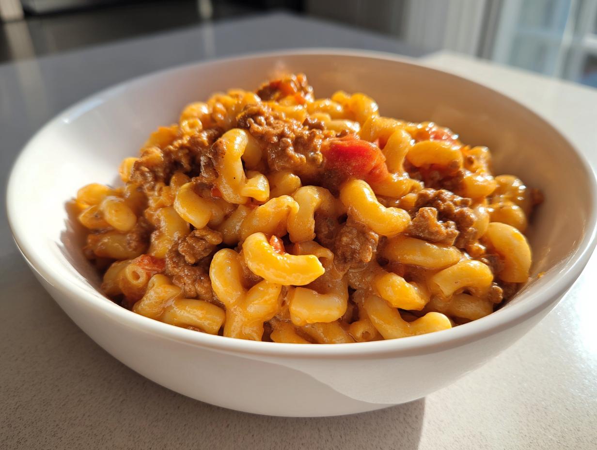 A close-up of a white bowl filled with creamy, cheesy homemade hamburger helper mixed with ground beef and tomatoes.