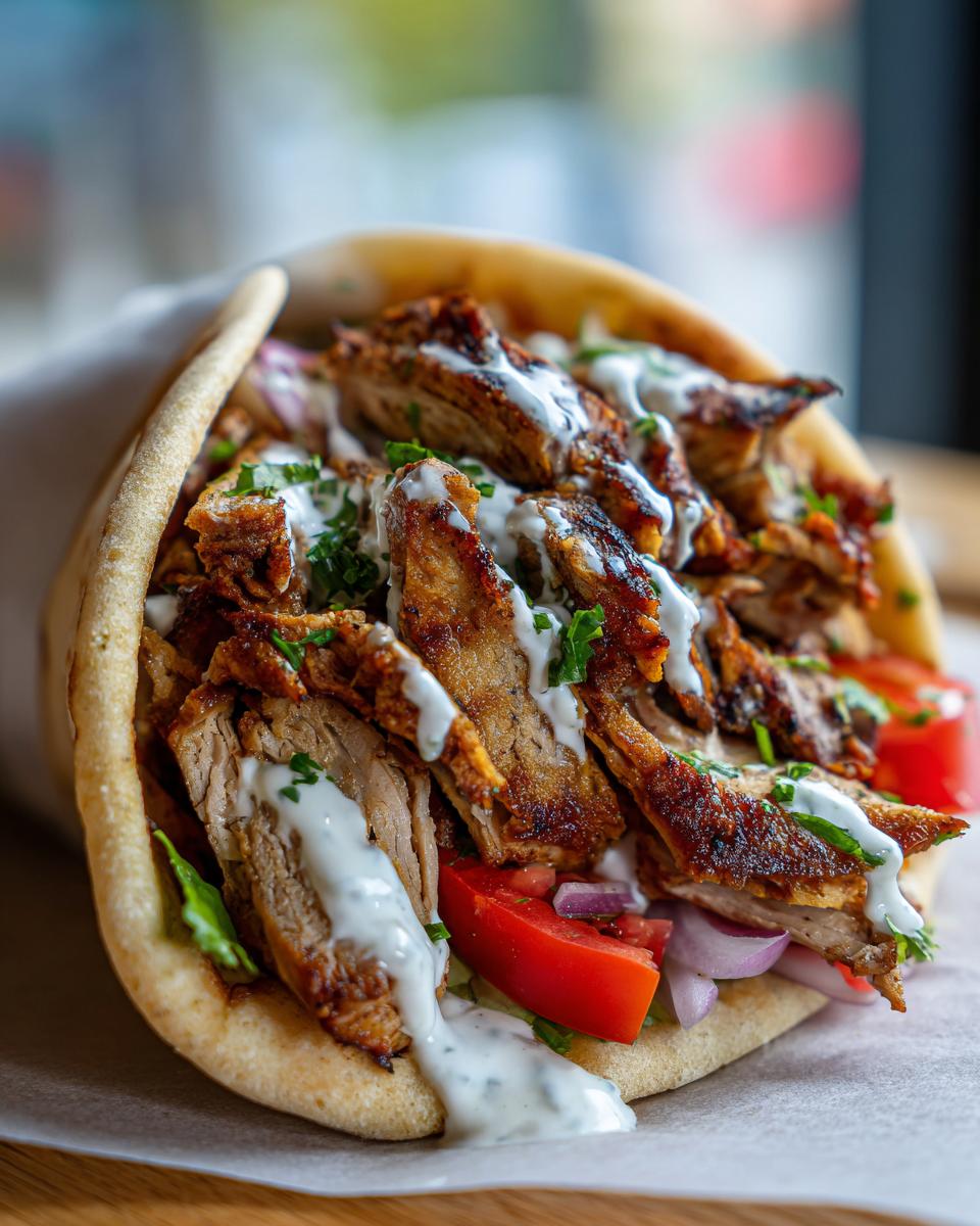 A close-up view of a generously filled chicken shawarma wrap, featuring seasoned chicken, fresh tomatoes, onions, and drizzled with white sauce.